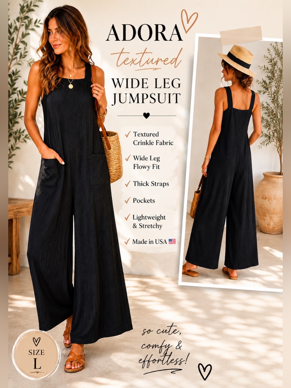 ADORA Black Textured Wide Leg Jumpsuit Boho Minimalist Made USA Size L